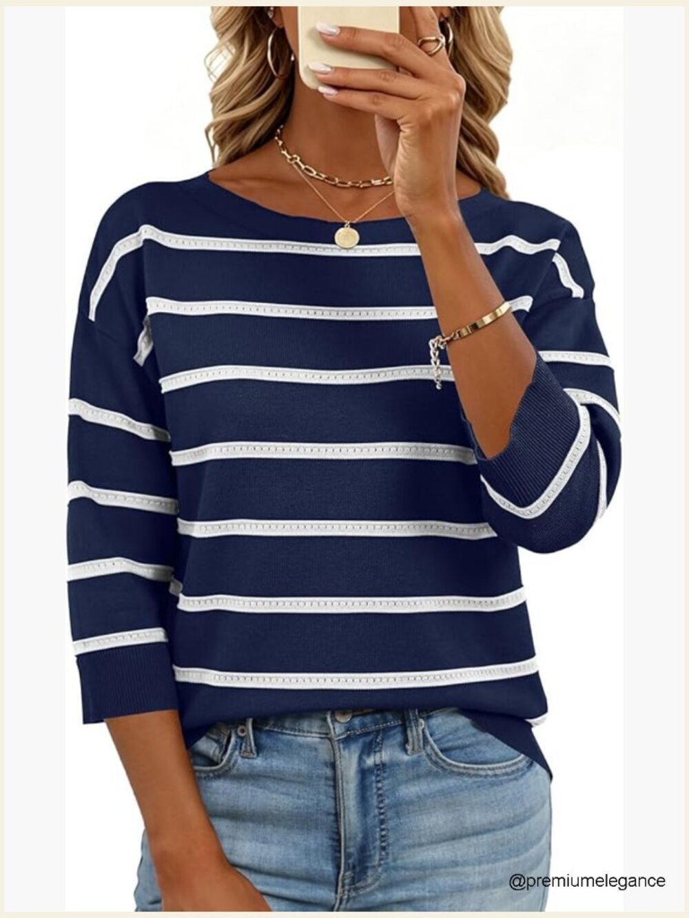 Lightweight Boat Neck 3/4 Sleeve Knit Pullover Sweater